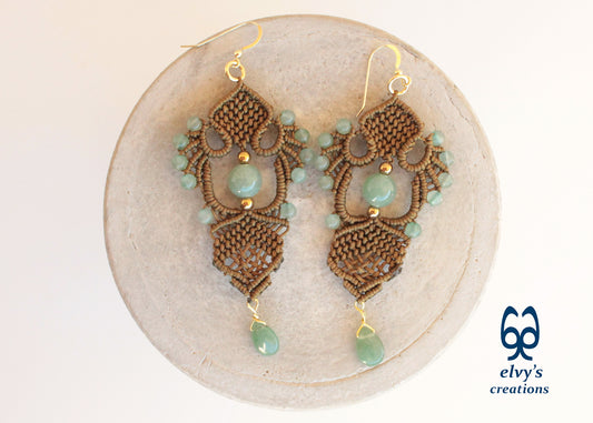 Gold Macrame Earrings with Green Aventurine Gemstones Gold Dangle Lace Earrings Gift for Women