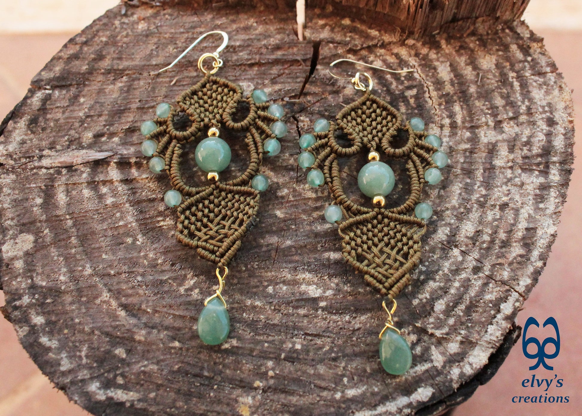Gold Macrame Earrings with Green Aventurine Gemstones Gold Dangle Lace Earrings Gift for Women