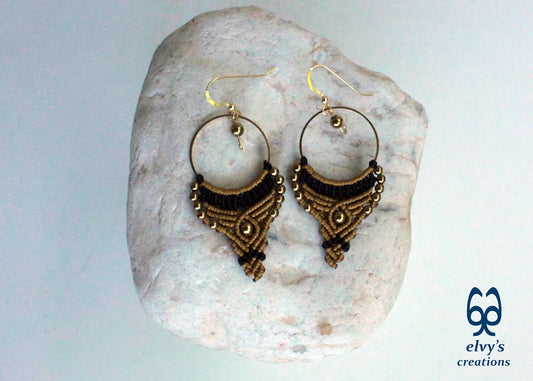 Gold and Black Macrame Earrings Gold Hematite Gemstones Hoop Earrings