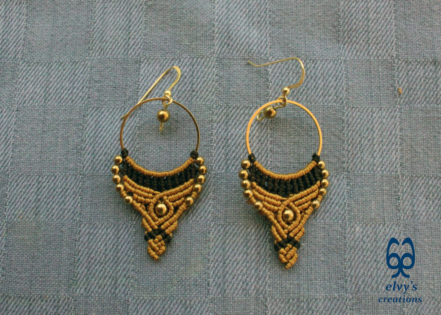 Gold and Black Macrame Earrings Gold Hematite Gemstones Hoop Earrings