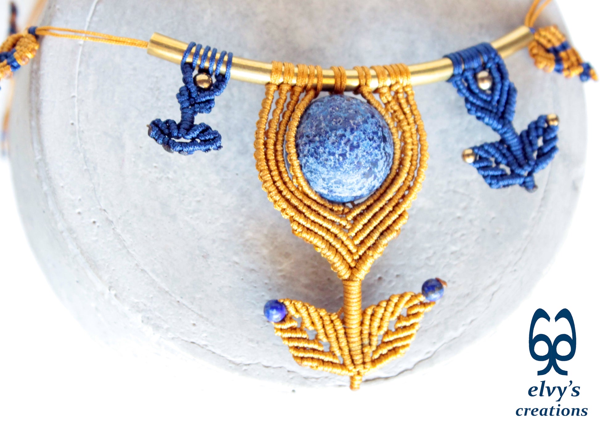 Handmade Macrame Necklace, Lapis Lazuli Beaded Macrame Choker, Unique Birthday Gift for Women