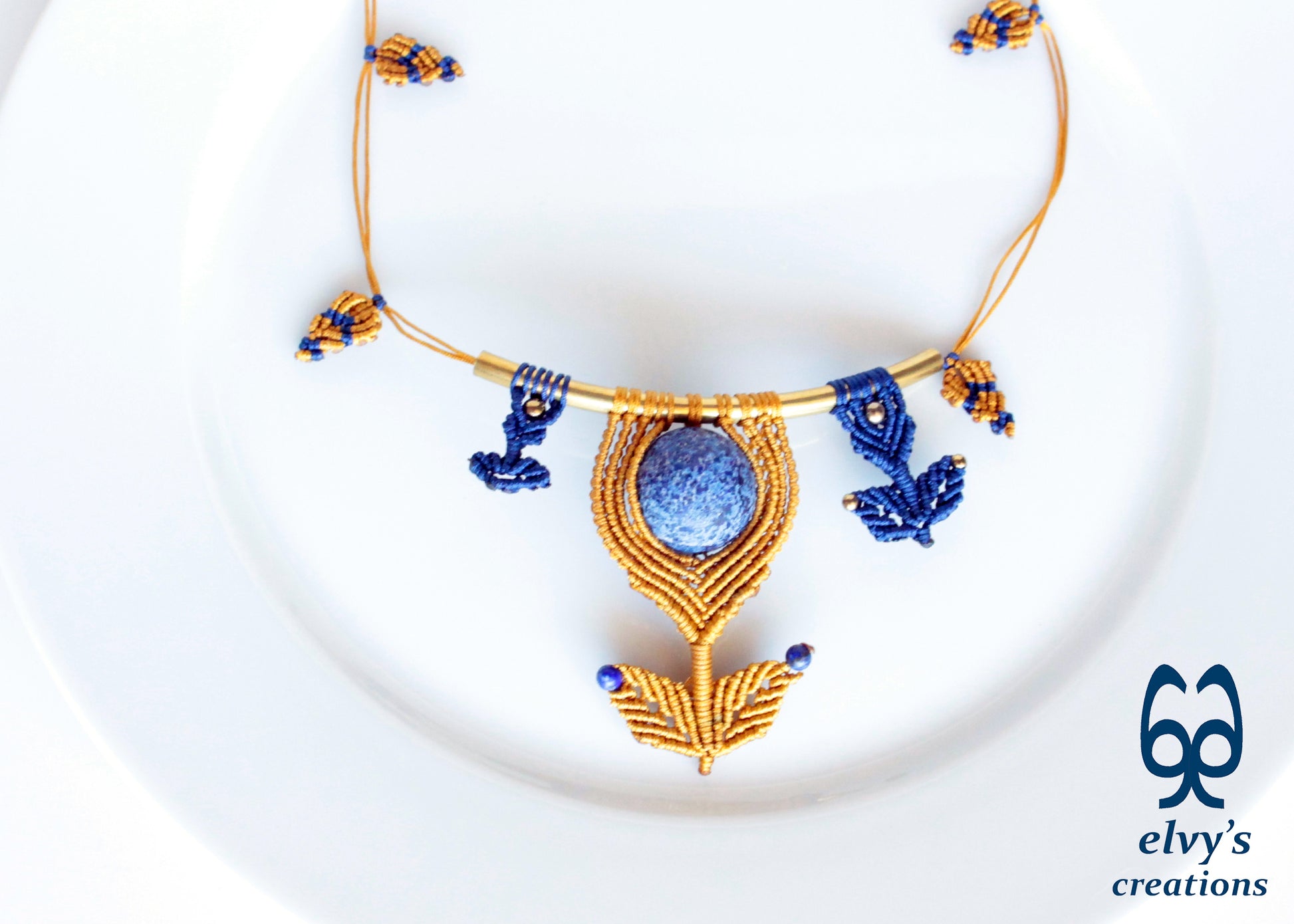 Handmade Macrame Necklace, Lapis Lazuli Beaded Macrame Choker, Unique Birthday Gift for Women