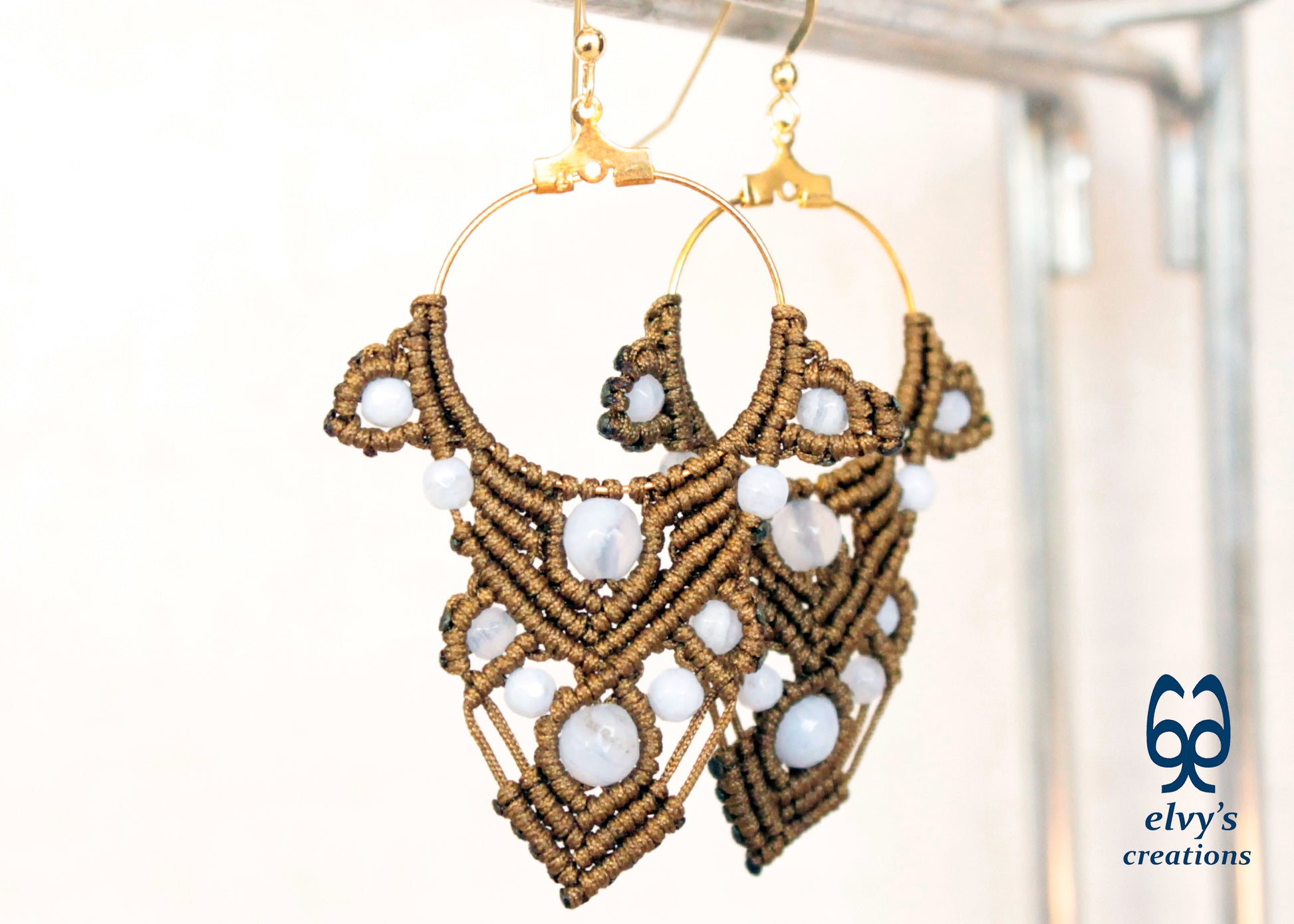 Gold Macrame Earrings Chalcedony Gemstone Earrings Birthday Gift for Women