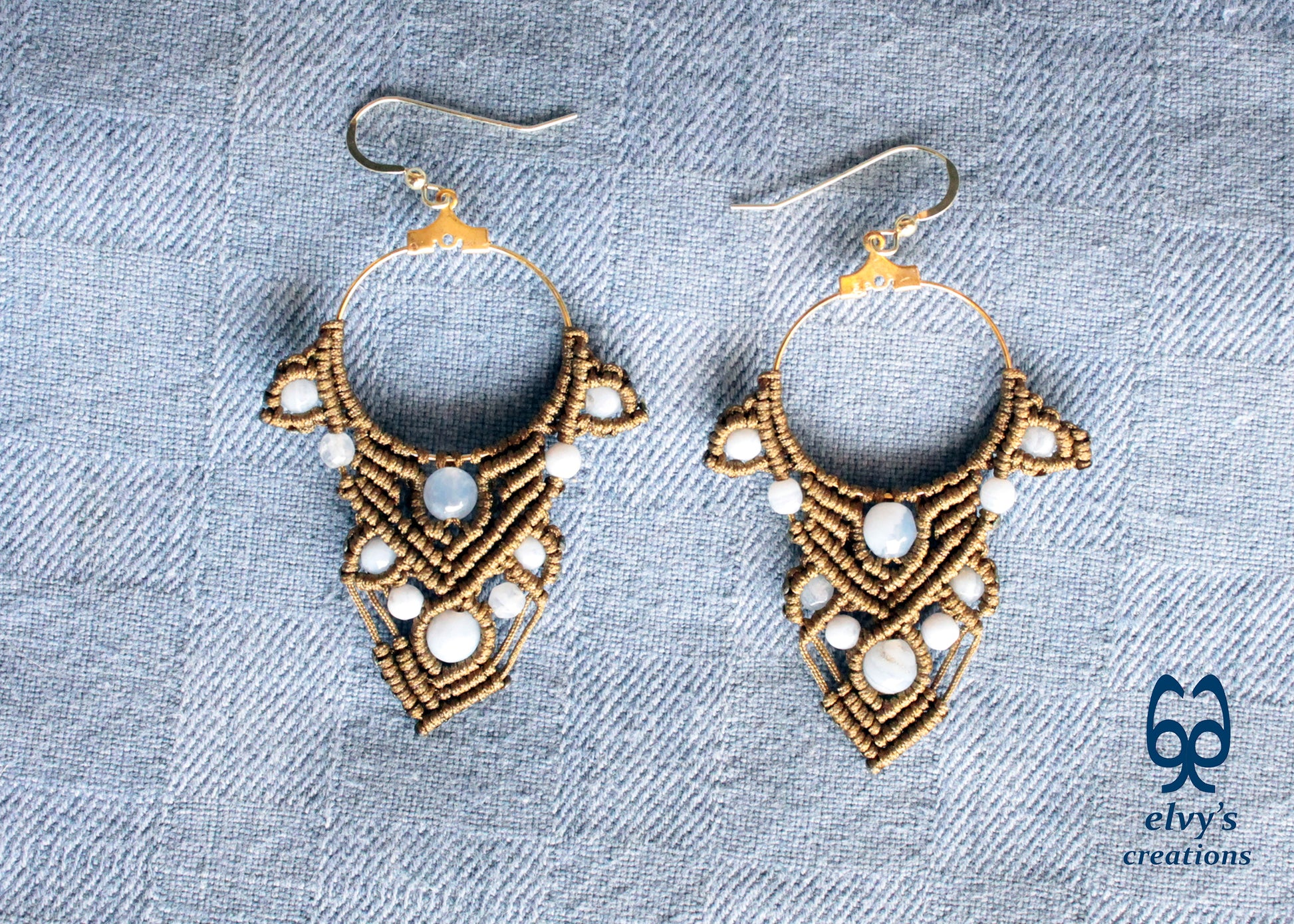 Gold Macrame Earrings Chalcedony Gemstone Earrings Birthday Gift for Women