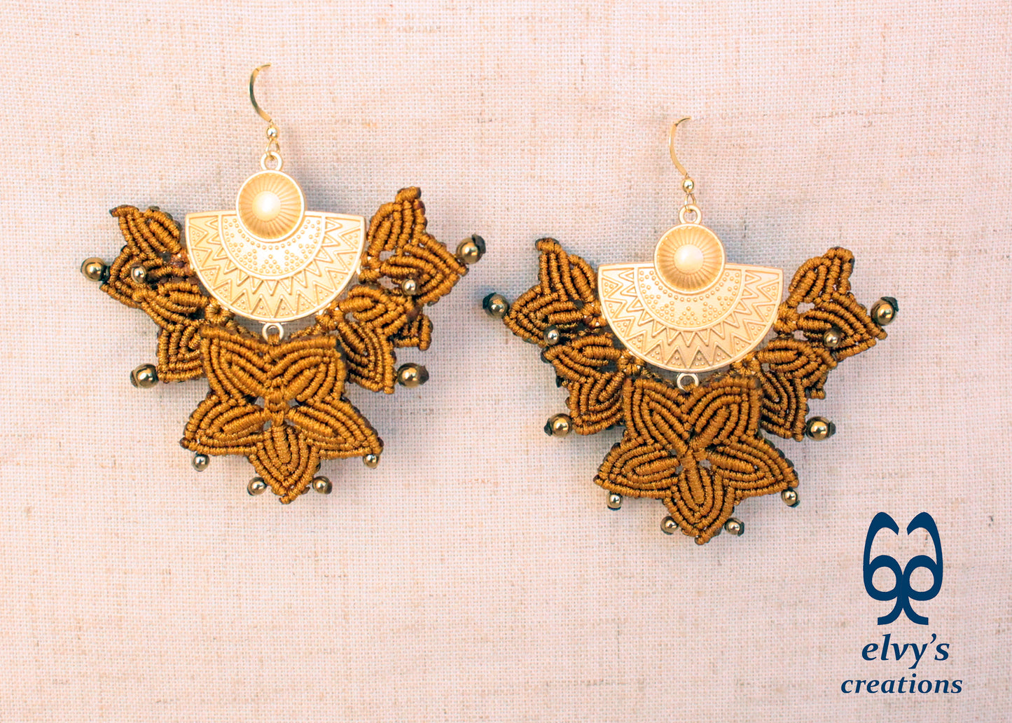 Handmade Gold Macrame Earrings, Dangle Hematite Gemstone Beads Earrings, Birthday Gift for Women