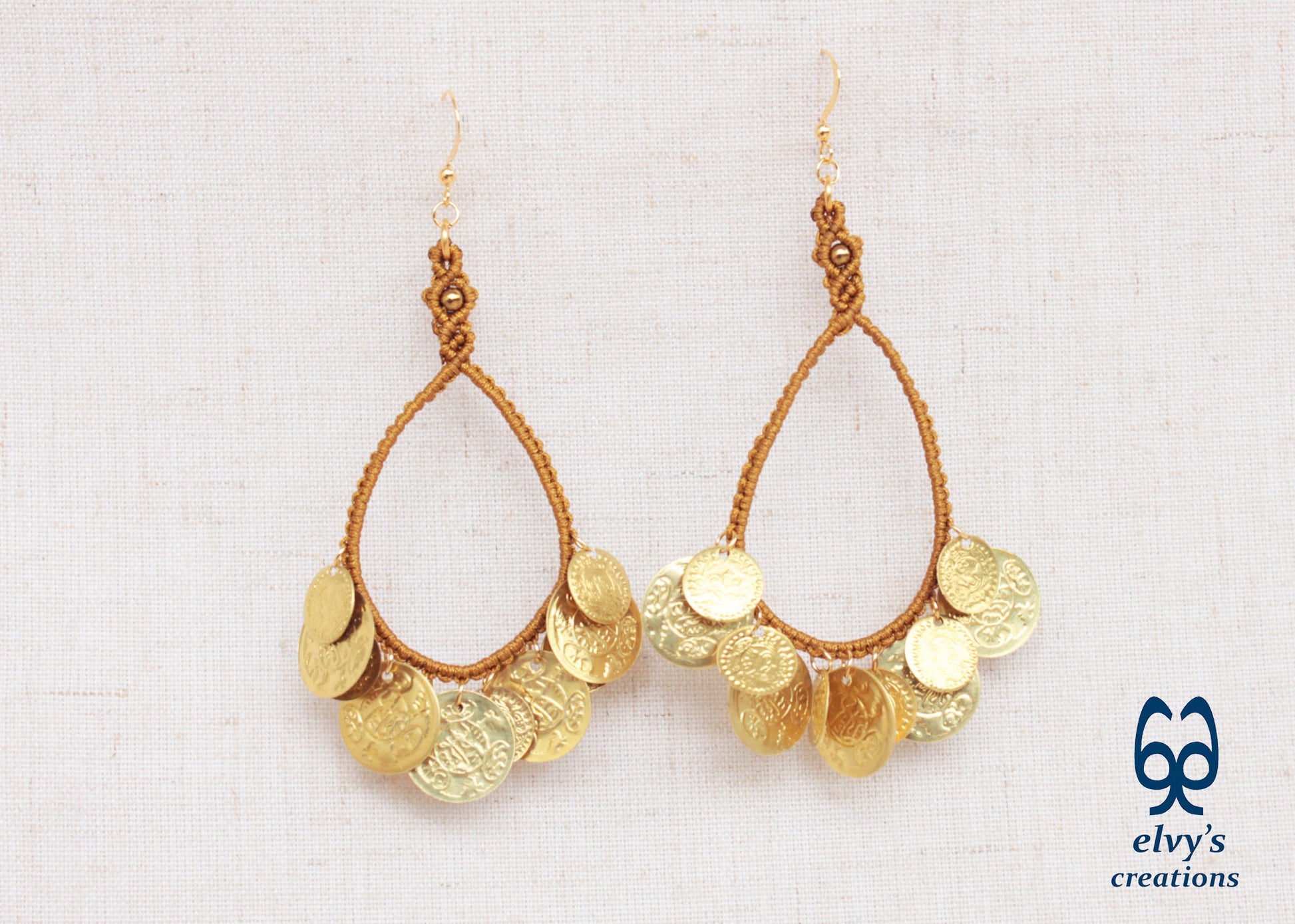 Gold Handmade Macrame Earrings Long Dangle with Amethyst Gemstones, Χρυσά Μακραμέ Σκουλαρίκια με Φλουριά