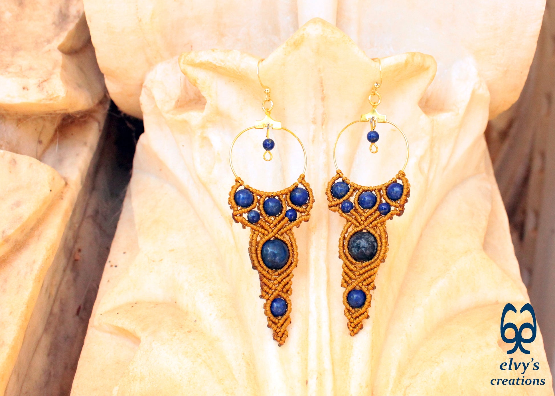 Handmade Macrame Earrings, Lapis Lazuli Gemstone Bead Hoop Earrings, Unique Birthday Gift for Women