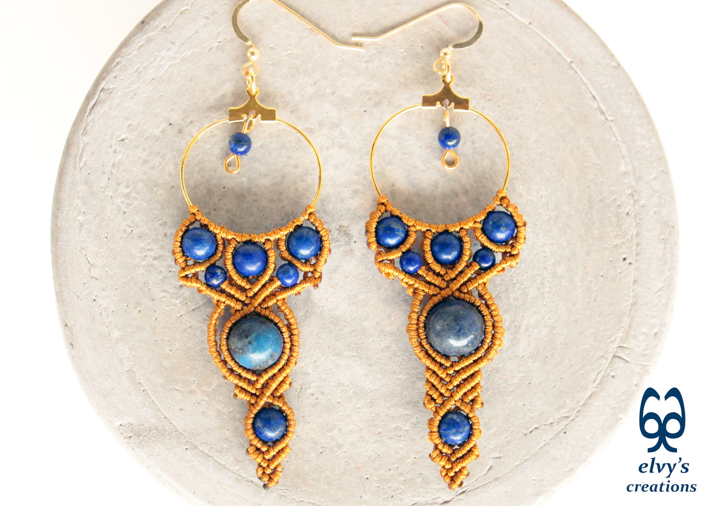 Handmade Macrame Earrings, Lapis Lazuli Gemstone Bead Hoop Earrings, Unique Birthday Gift for Women