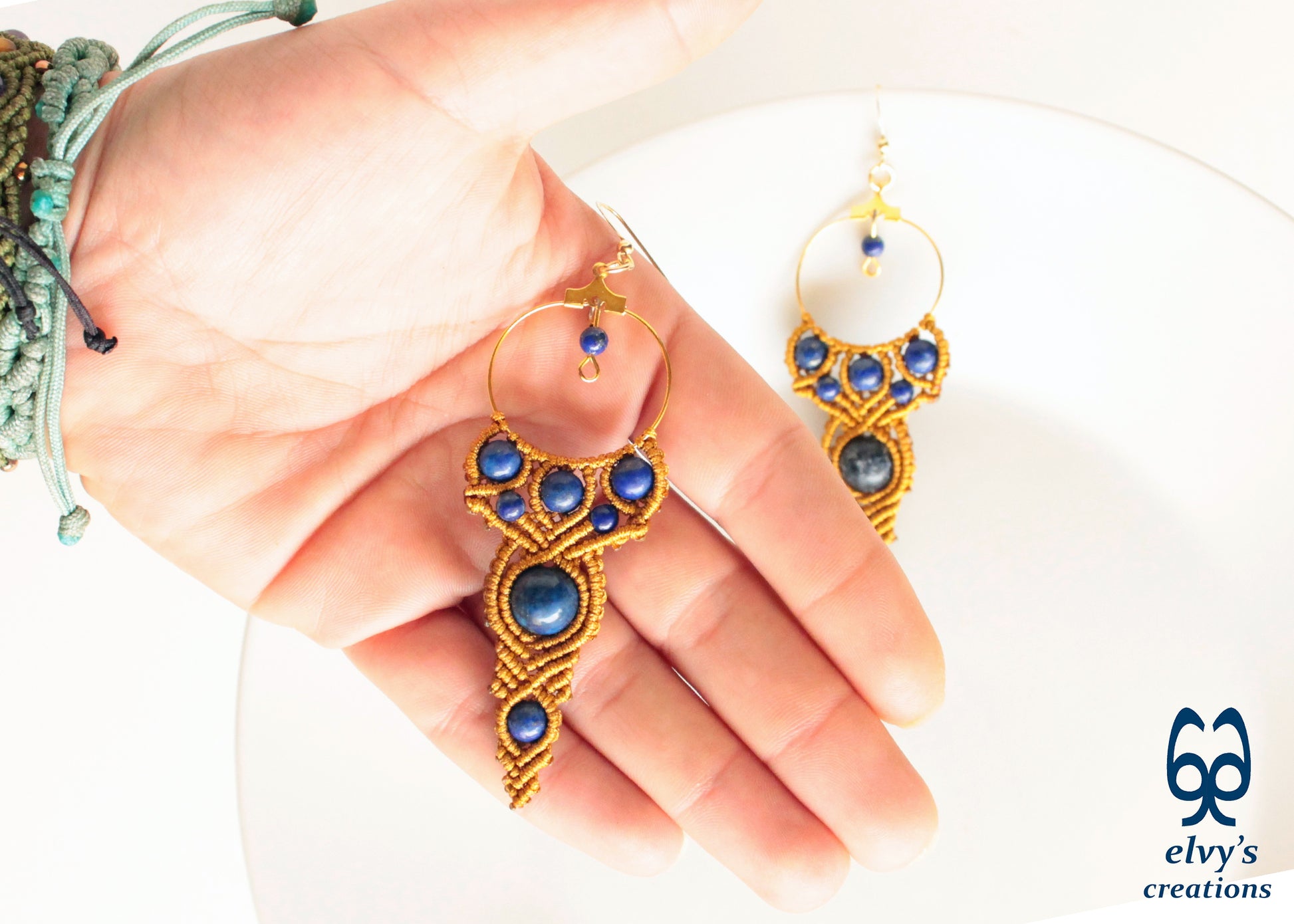 Gold Macrame Earrings with Lapis Lazuli Gemstones Handmade Healing Jewelry