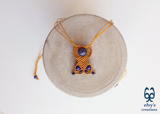 Handmade macrame unisex beaded blue Lapis lazuli adjustable gold choker necklace.