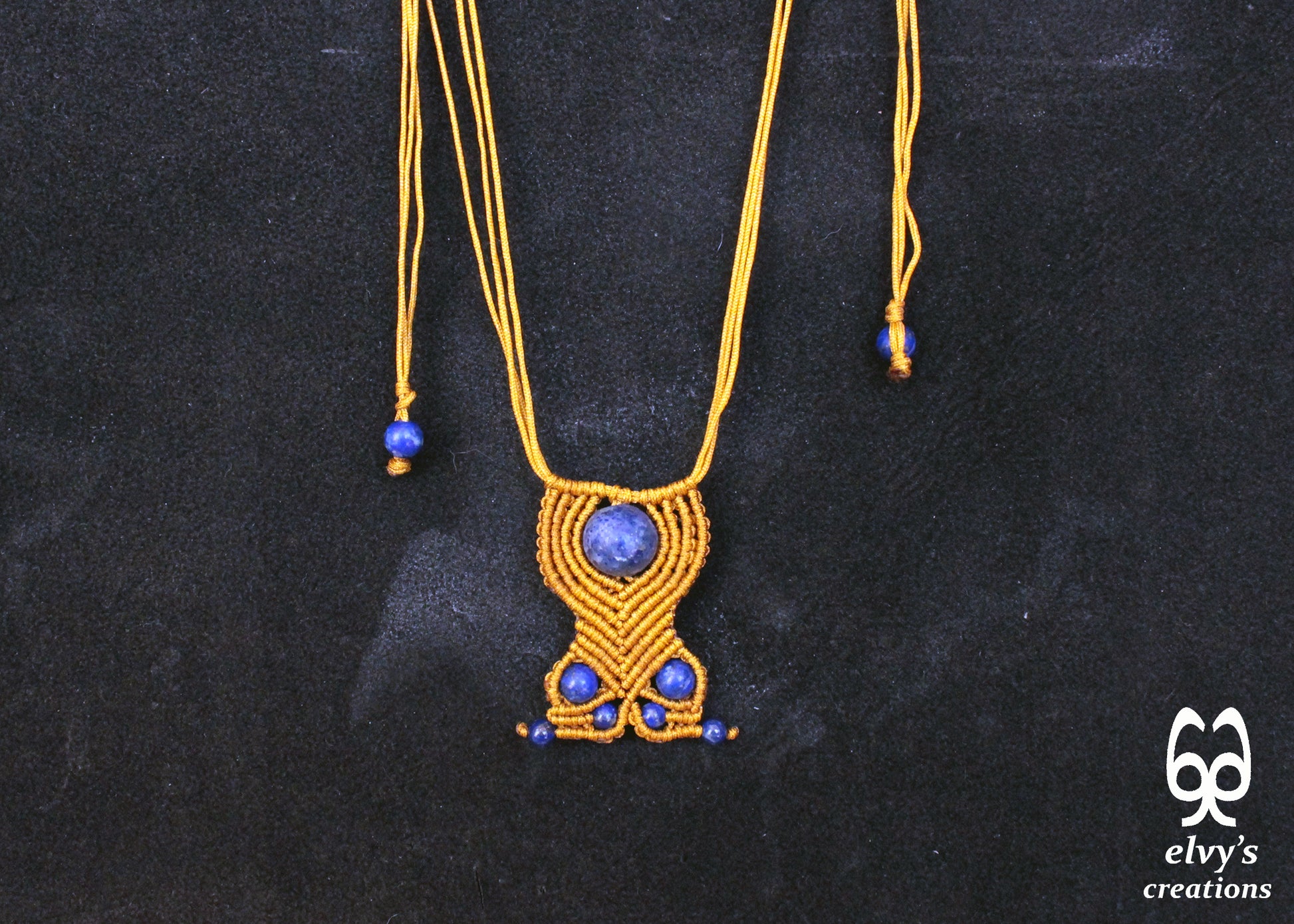 Handmade macrame unisex beaded blue Lapis lazuli adjustable gold choker necklace.