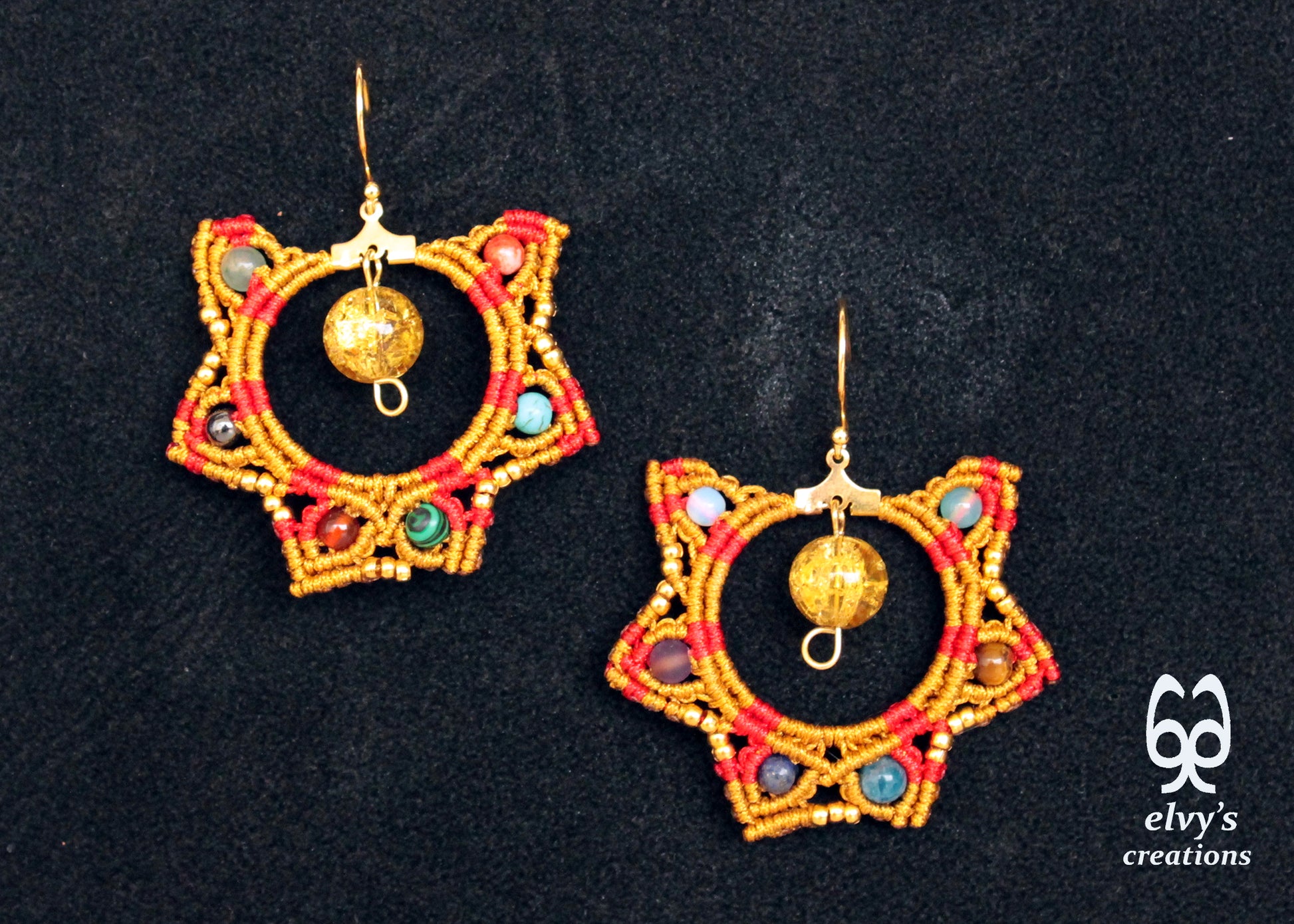 Gold and Red Macrame Earrings Gemstone Earrings Birthday Gift for Women