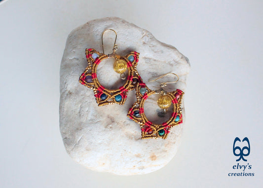 Gold and Red Macrame Earrings Gemstone Earrings Birthday Gift for Women