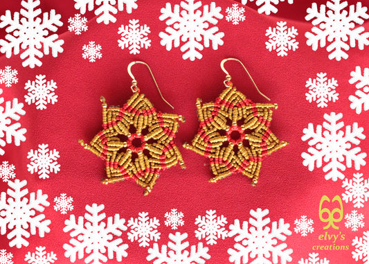 Macrame Christmas Star Earrings Holiday Season New Year Gift for her Gold Dangle Stars with Gold Brass Beads Handmade Christmas Present