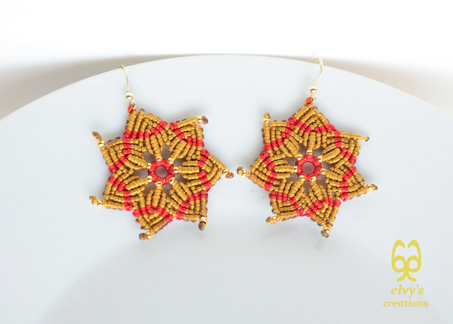 Macrame Christmas Star Earrings Holiday Season New Year Gift for her Gold Dangle Stars with Gold Brass Beads Handmade Christmas Present