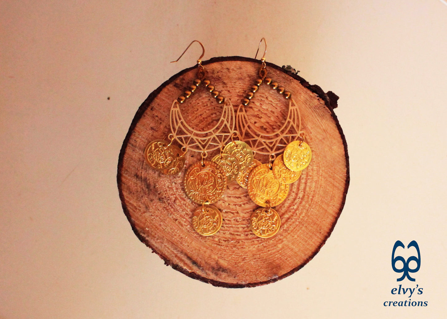 Gold Macrame Earrings with Hematite Gemstones Gypsy Earrings with Coins Boho Dangle with Coins, Μακραμέ Σκουλαρίκια με Χρυσά Φλουριά και Κρυστάλλους Αιματίτη
