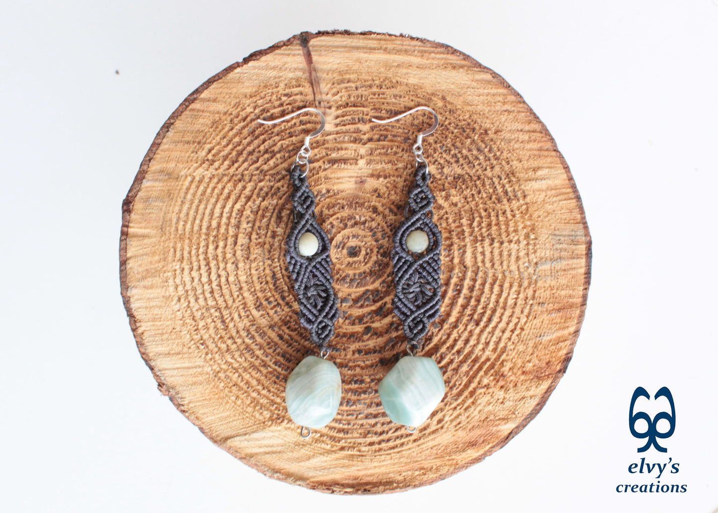 Handmade Gray Macramé Earrings with blue Amazonite Gemstones, Boho Dangle Earrings 