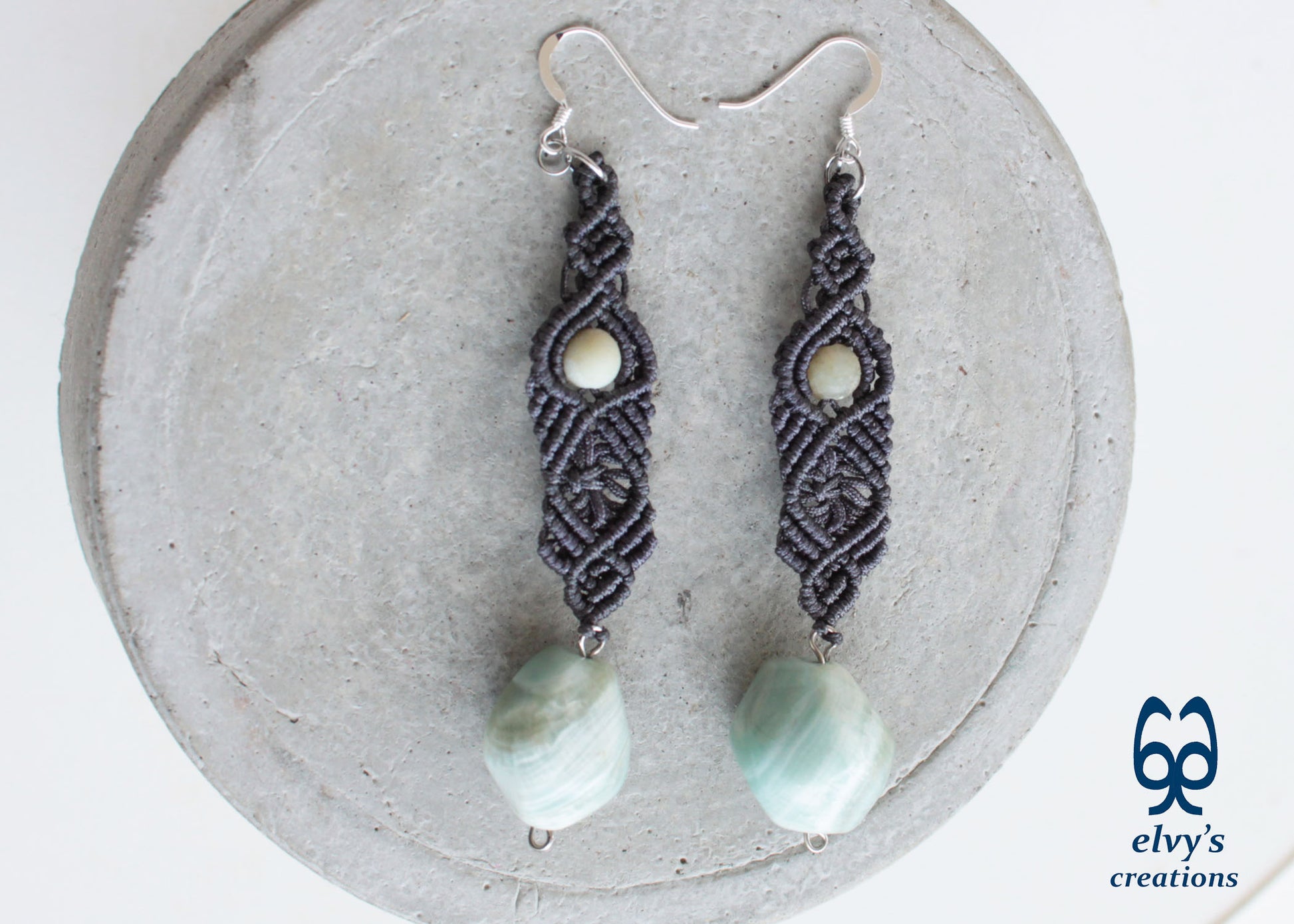 Handmade Gray Macramé Earrings with blue Amazonite Gemstones, Boho Dangle Earrings 