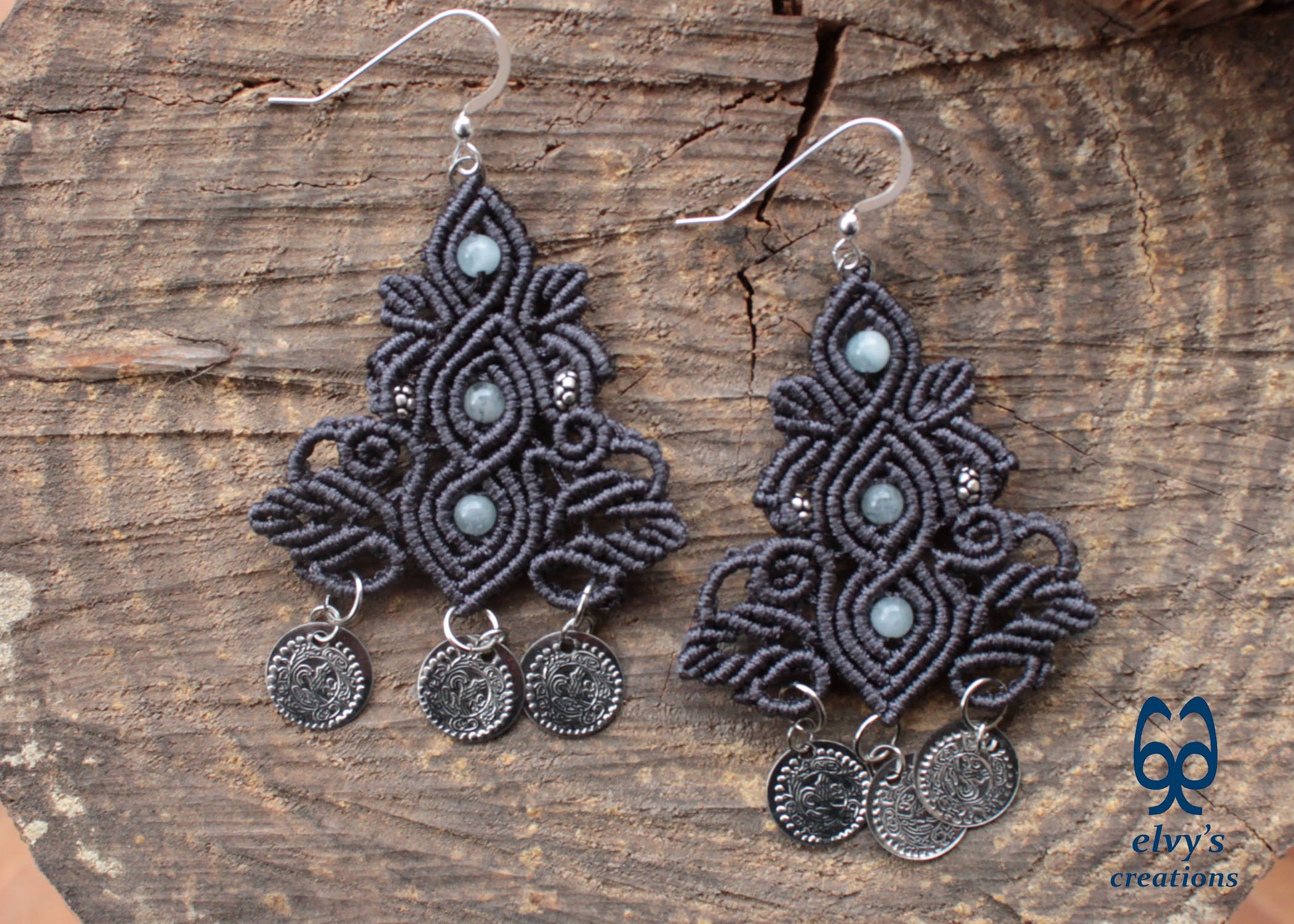 Gray Macrame Silver Earrings Dangle with Aquamarine Healing Gemstones Silver Coins 
