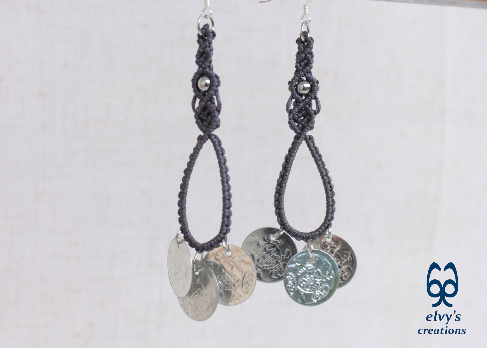 Gray Macrame Earrings with Hematite Gemstones Gypsy Earrings with Coins Boho Dangle with Coins, Μακραμέ Σκουλαρίκια με Φλουριά και Κρυστάλλους Αιματίτη