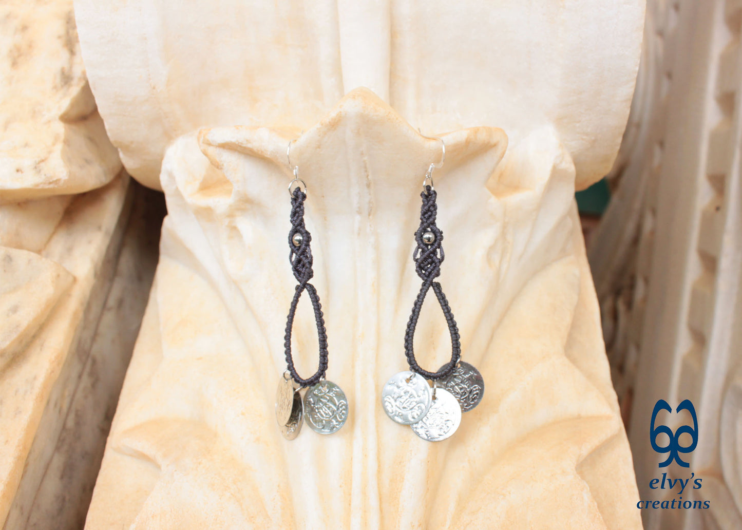 Gray Macrame Earrings with Hematite Gemstones Gypsy Earrings with Coins Boho Dangle with Coins, Μακραμέ Σκουλαρίκια με Φλουριά και Κρυστάλλους Αιματίτη