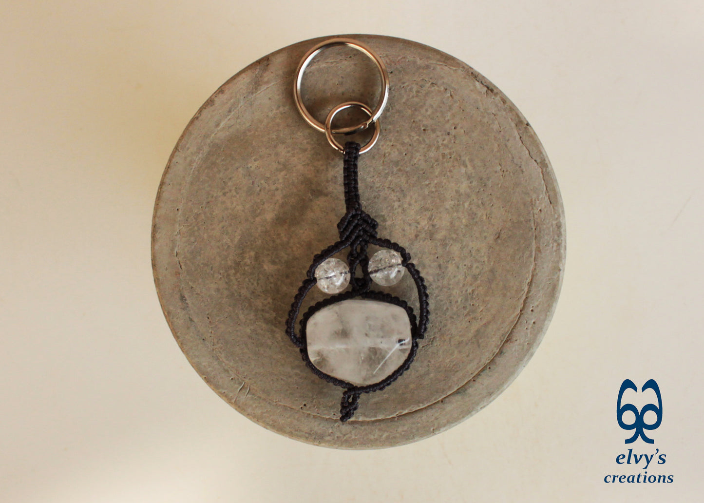 Handmade Gray Macrame Key ring with White Crystal Quartz Gift for Men