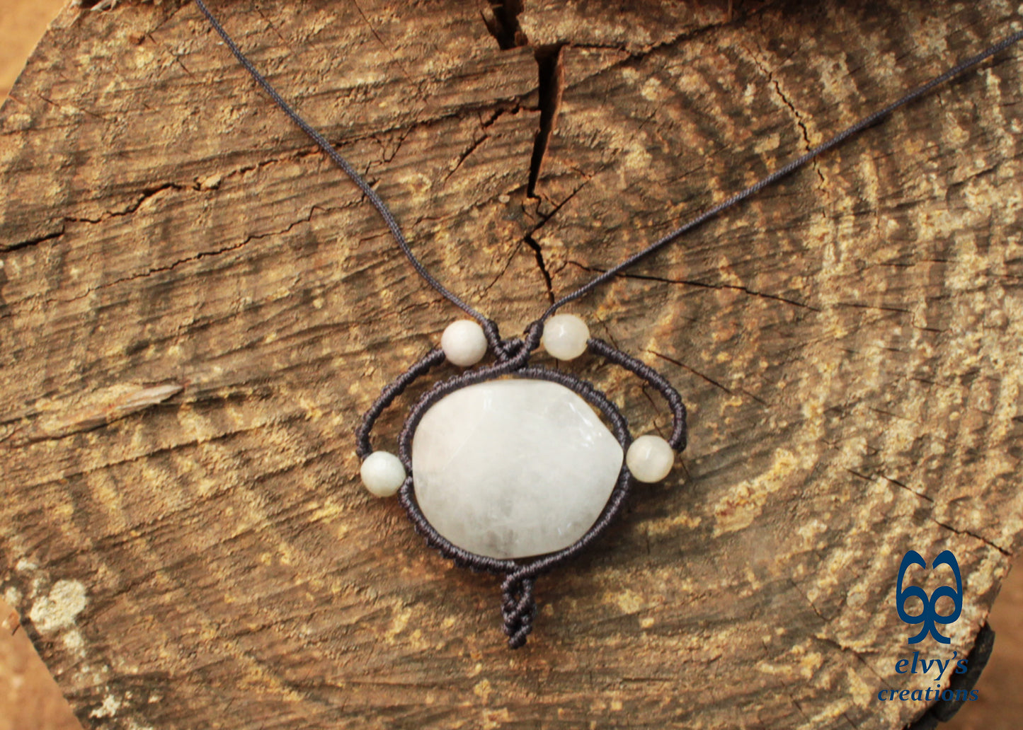 Handmade Gray Macrame Necklace with Crystal Quartz and Onyx Gemstones