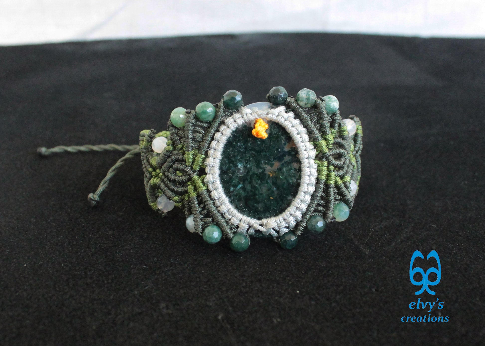 Green Macrame Bracelet with Moss Agate and Dendrite Agate Gemstone Beads Green Gemstone Adjustable Bracelet