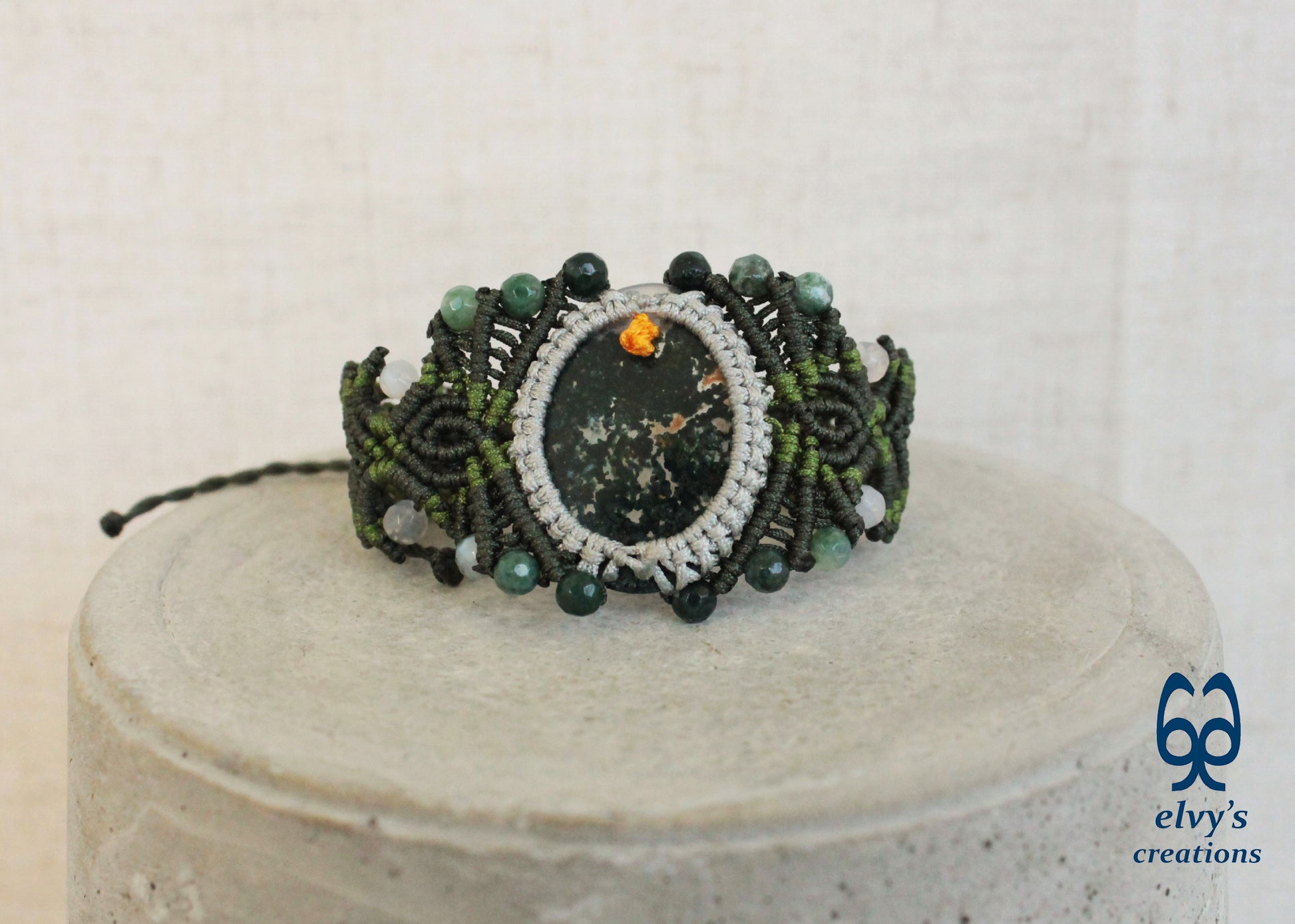 Green Macrame Bracelet with Moss Agate and Dendrite Agate Gemstone Beads Green Gemstone Adjustable Bracelet