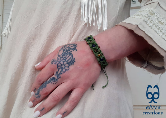 Green Macramé Bracelet with Amethyst, Hematite and Tiger Eye Gemstones