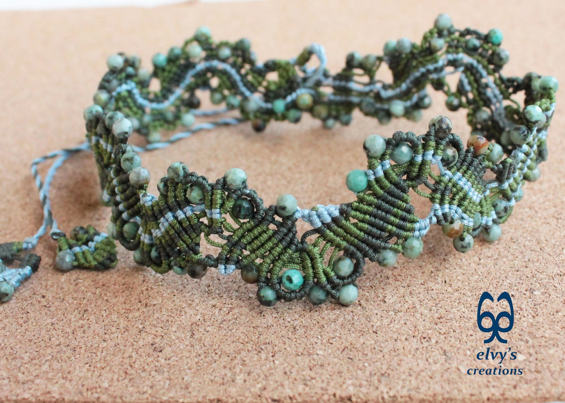 Green and Blue Macrame Choker Turquoise Gemstones Necklace Lace Macrame Jewelry Gift for Women