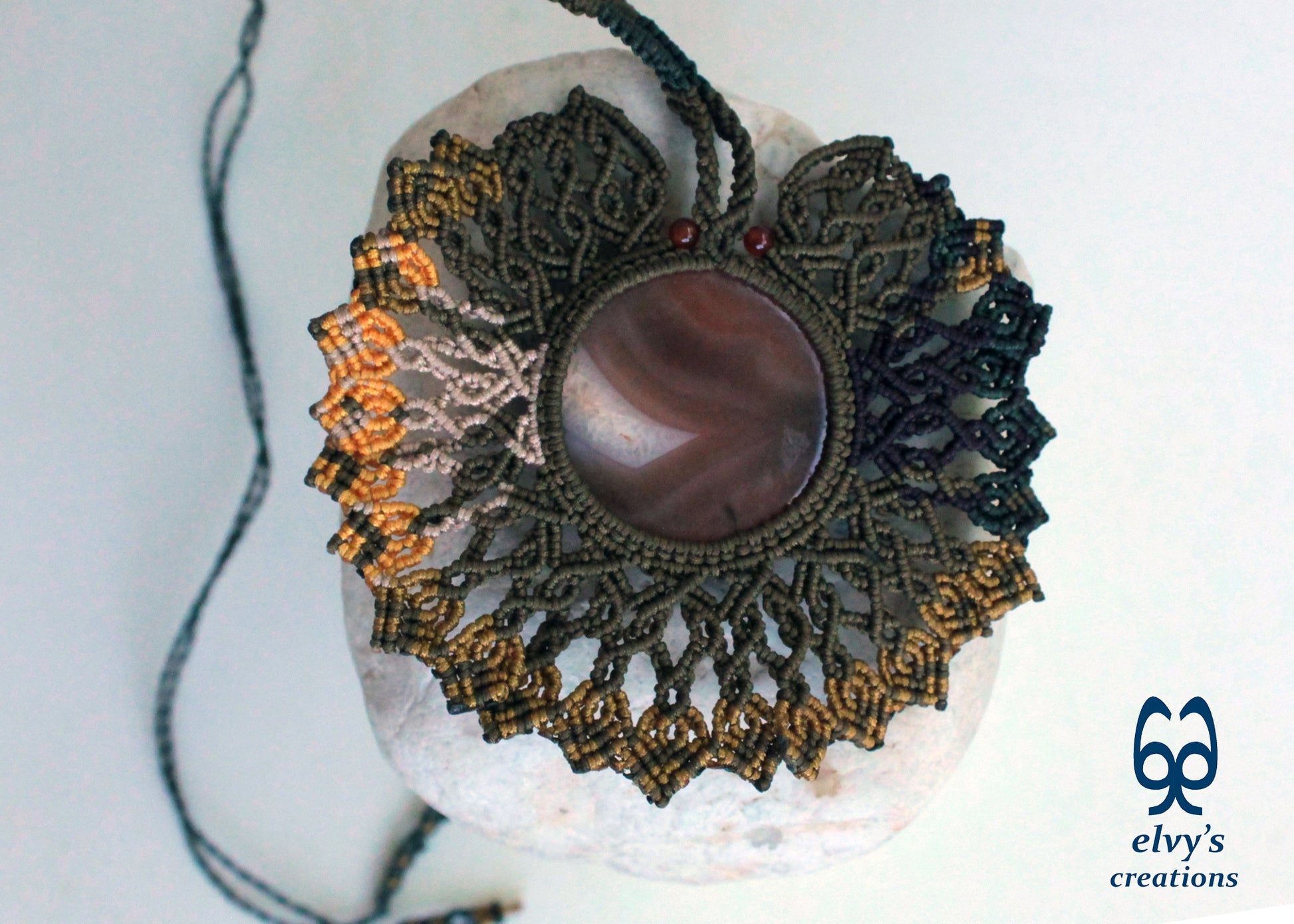 Gold Macrame Necklace with orange Carnelian Gemstones Macrame Pendant