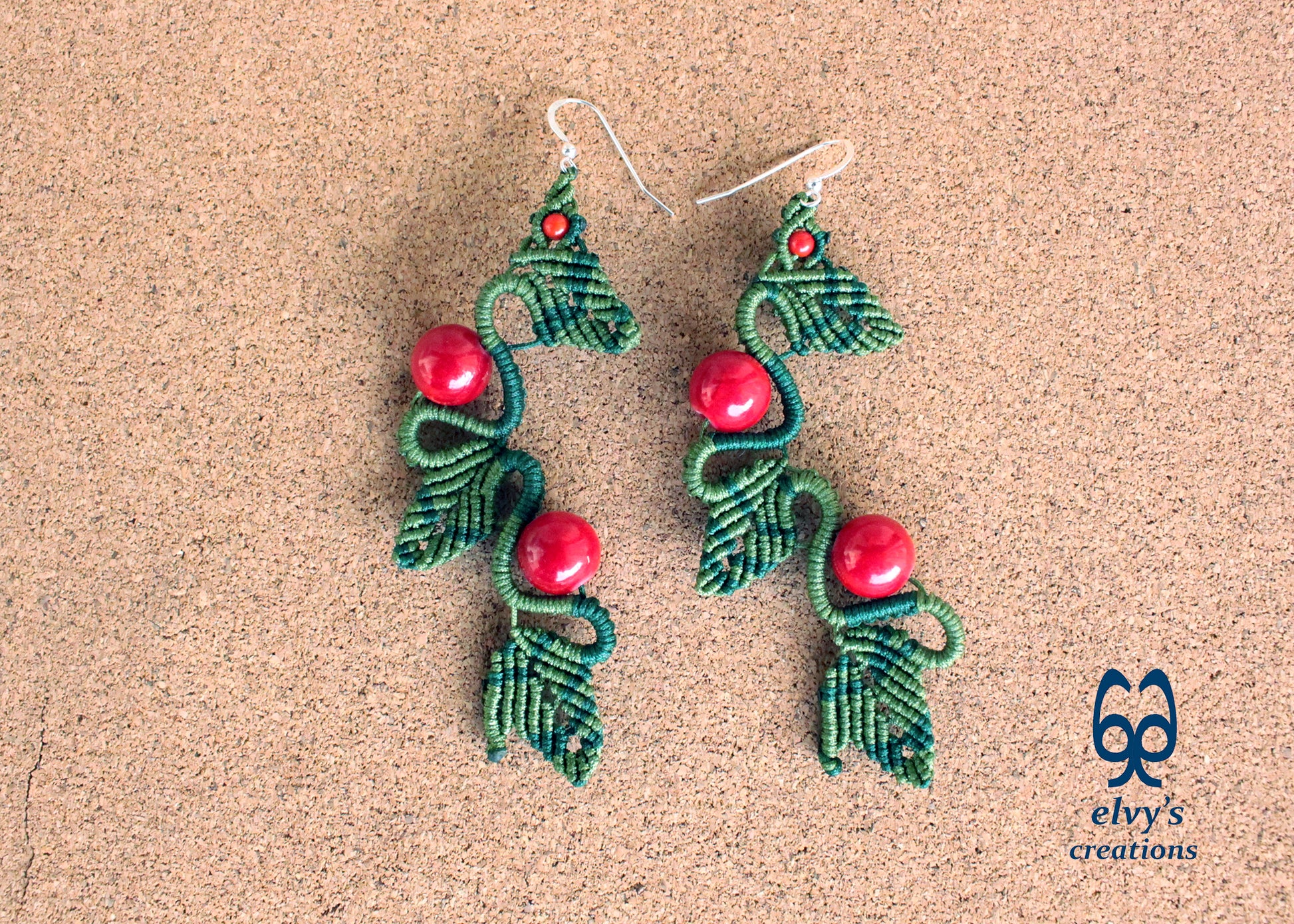 Green Macrame Earrings Red Coral Gemstone Dangle Earrings Micro Macrame Earrings Gift for Women