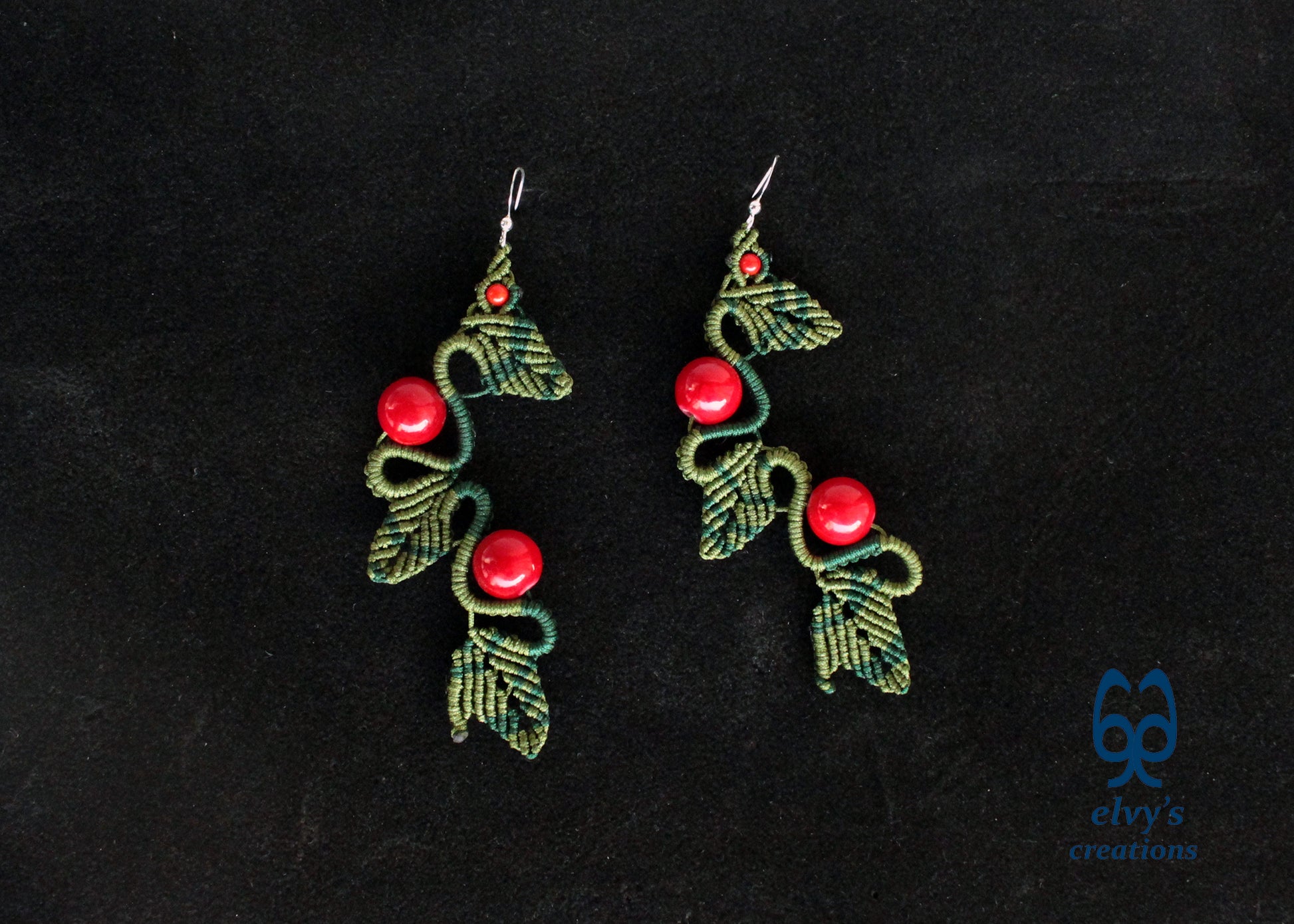 Green Macrame Earrings Red Coral Gemstone Dangle Earrings Micro Macrame Earrings Gift for Women