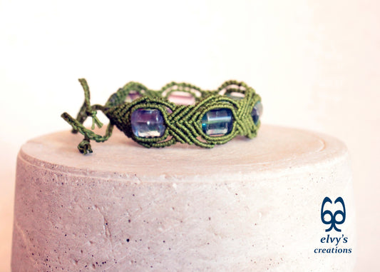 Green Macrame Bracelet with Fluorite Gemstone Beaded Adjustable Cuff, Unique Birthday Gift for Women