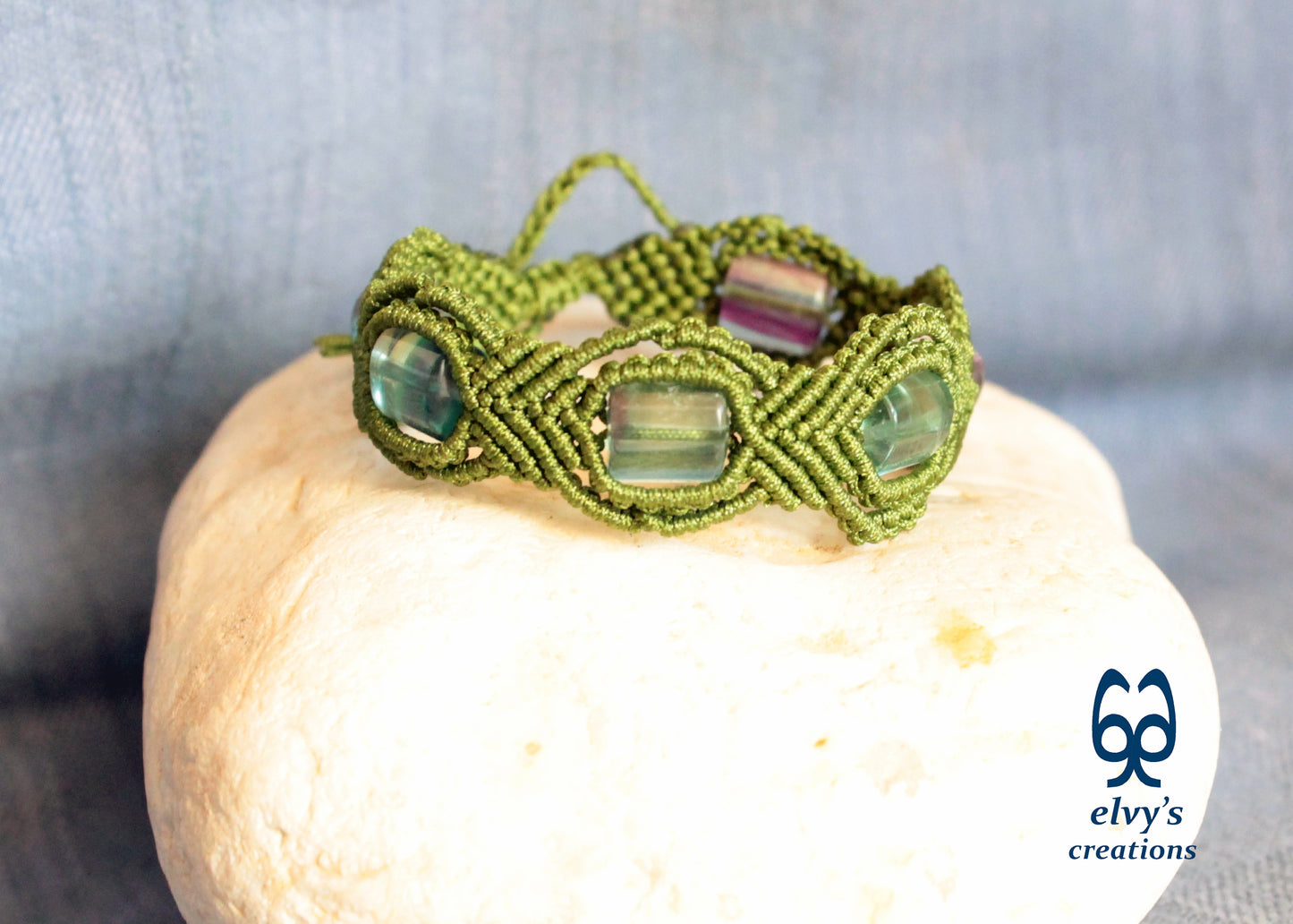 Green Macrame Bracelet with Fluorite Gemstone Beaded Adjustable Cuff, Unique Birthday Gift for Women