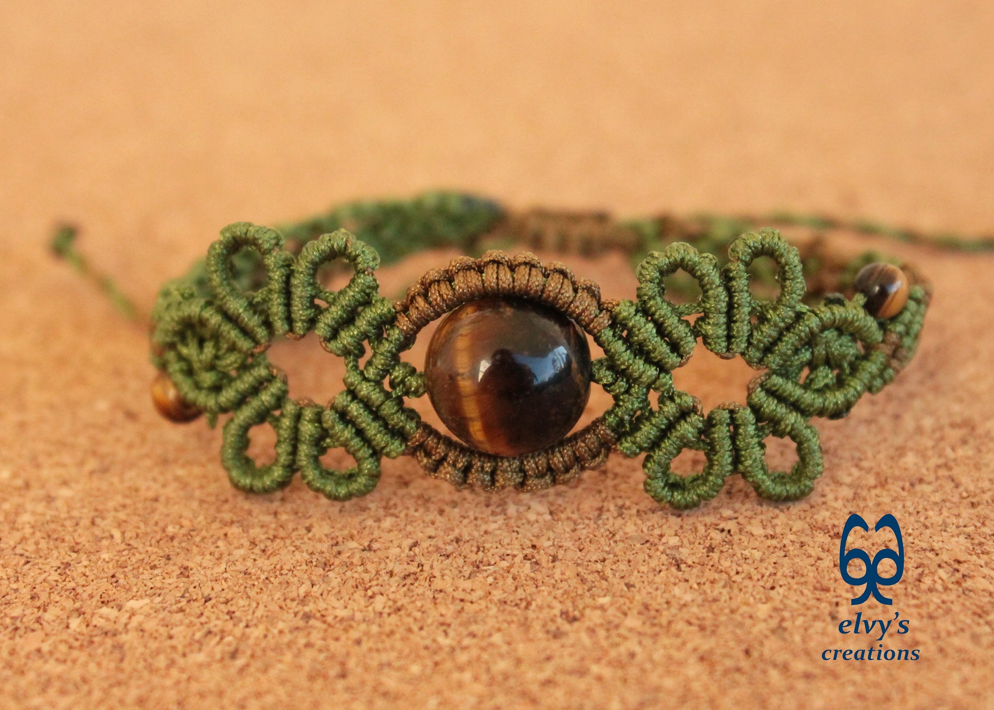 Green Macrame Bracelet Tiger Eye Gemstones Adjustable Lace Bracelet Birthday Gift for Women