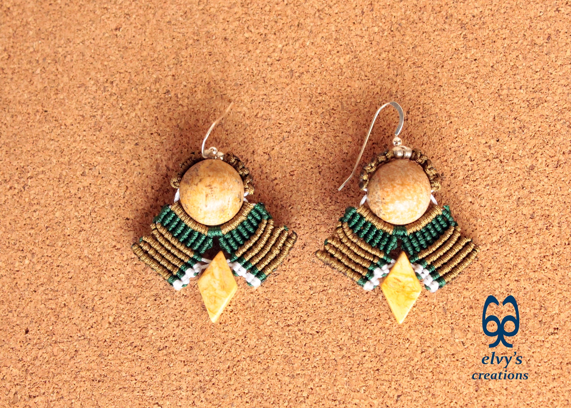 Yellow Agate Macrame Earrings, Green and Gold Dangle Gemstone Beaded Earrings, Unique Birthday Gift for Women