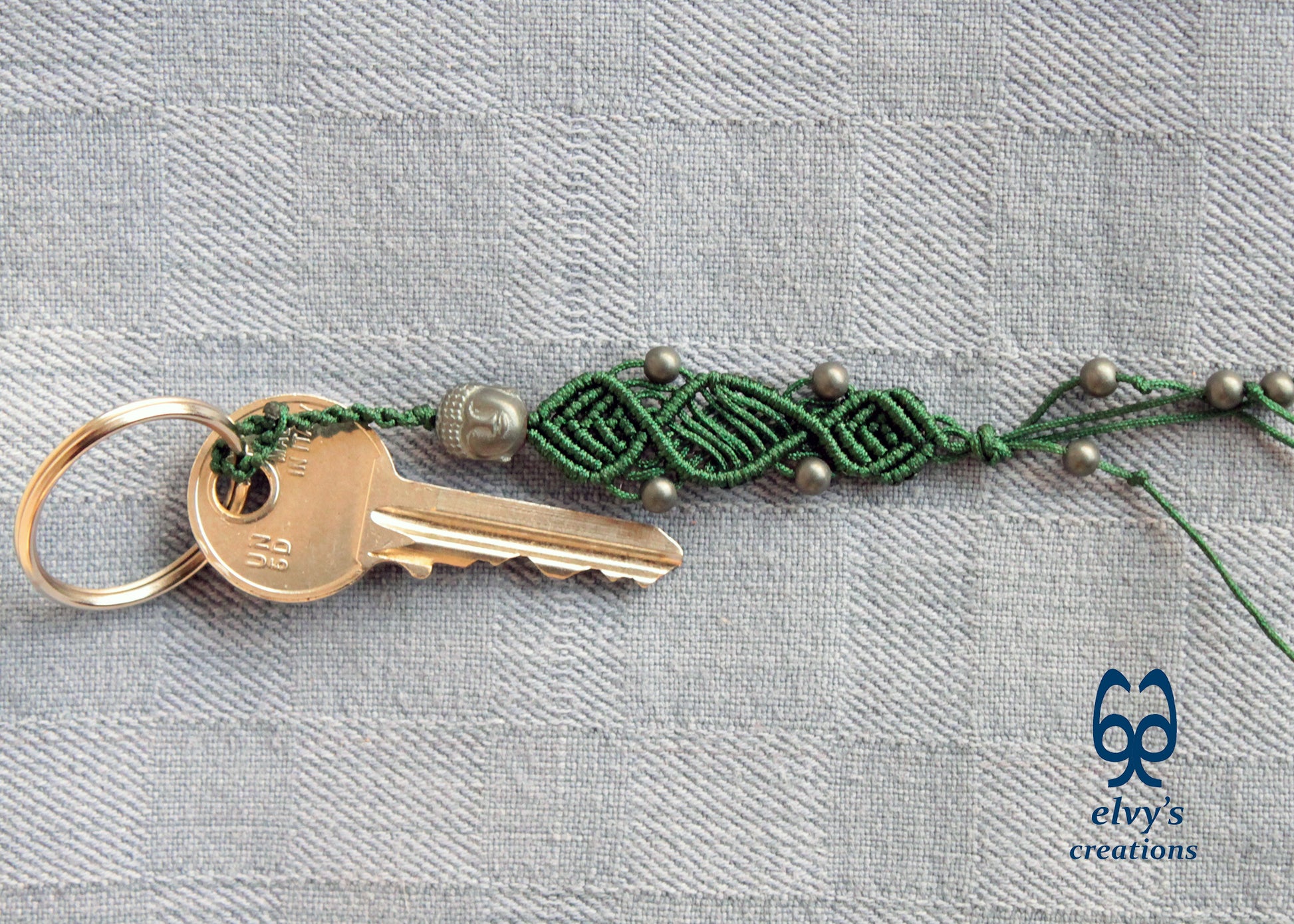 Green and Grey Macrame Key Chain Buddha Key Chain Housewarming Gift Small Gift for Woman and Man Good Luck Charm
