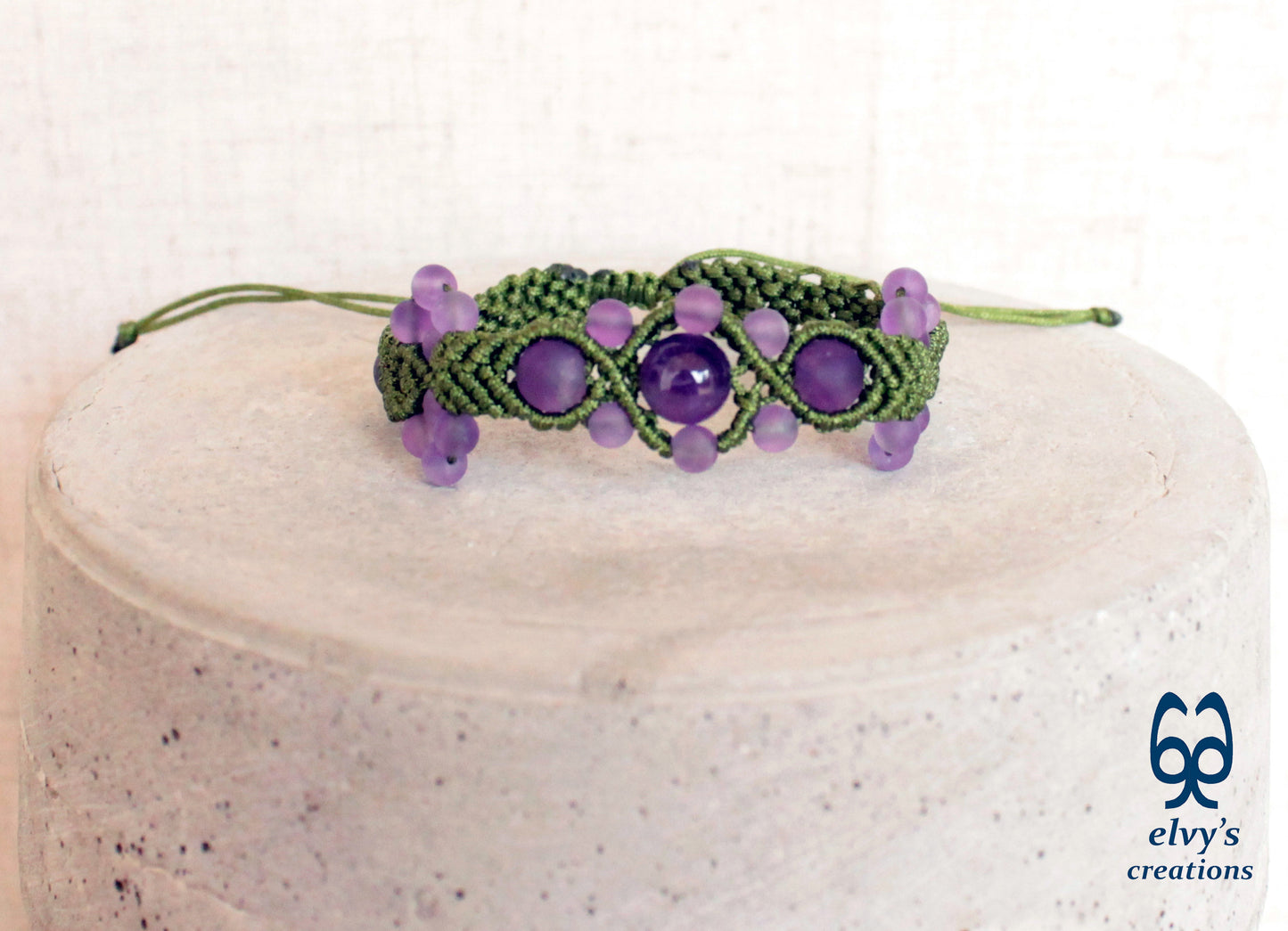 Amethyst Macrame Bracelet, Gemstone Beaded Cuff, Unique Birthday Gift for Women