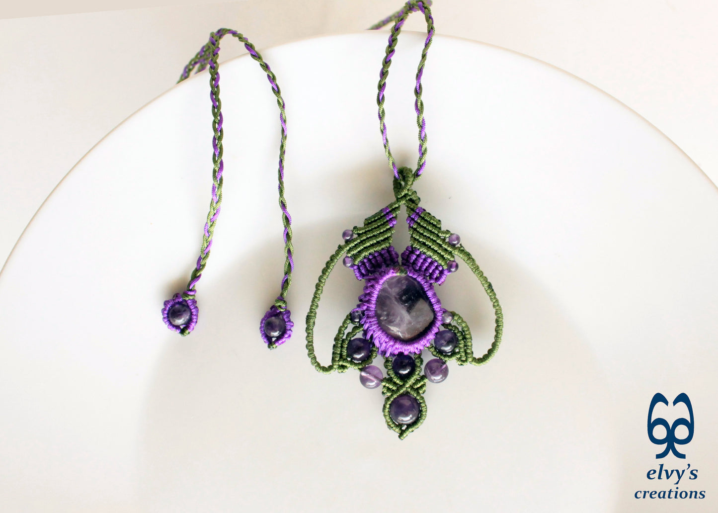 Green and Purple Necklace with Amethyst Gemstones Handmade Macrame Pendant with Natural Gemstone Beads