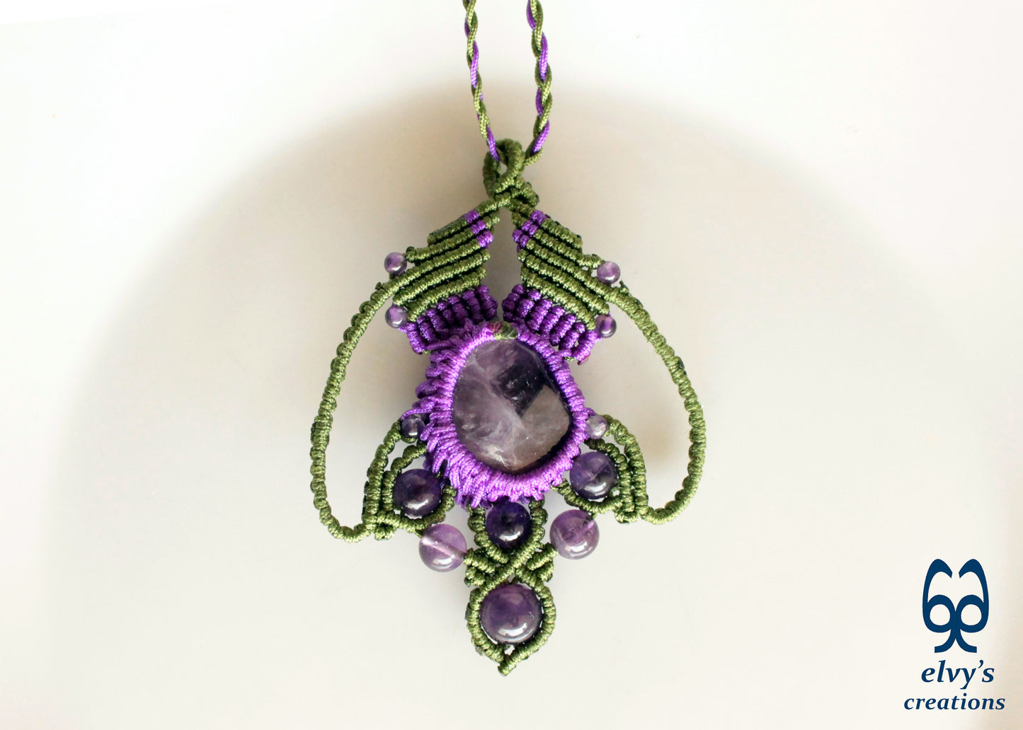 Green and Purple Necklace with Amethyst Gemstones Handmade Macrame Pendant with Natural Gemstone Beads