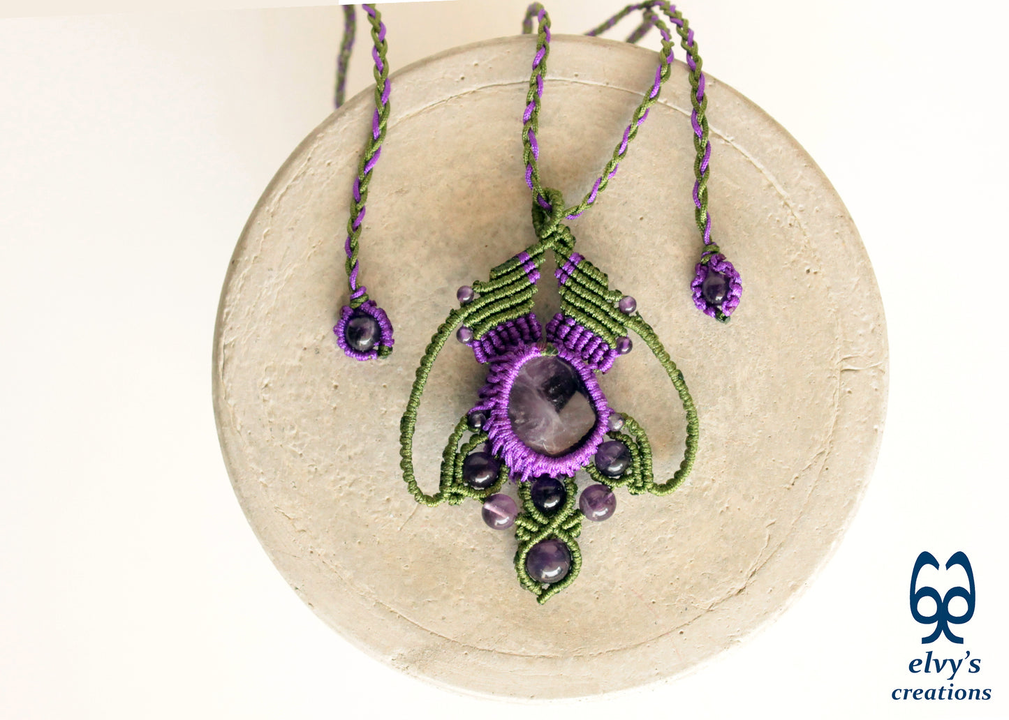 Green and Purple Macramé Necklace with Amethyst Gemstones