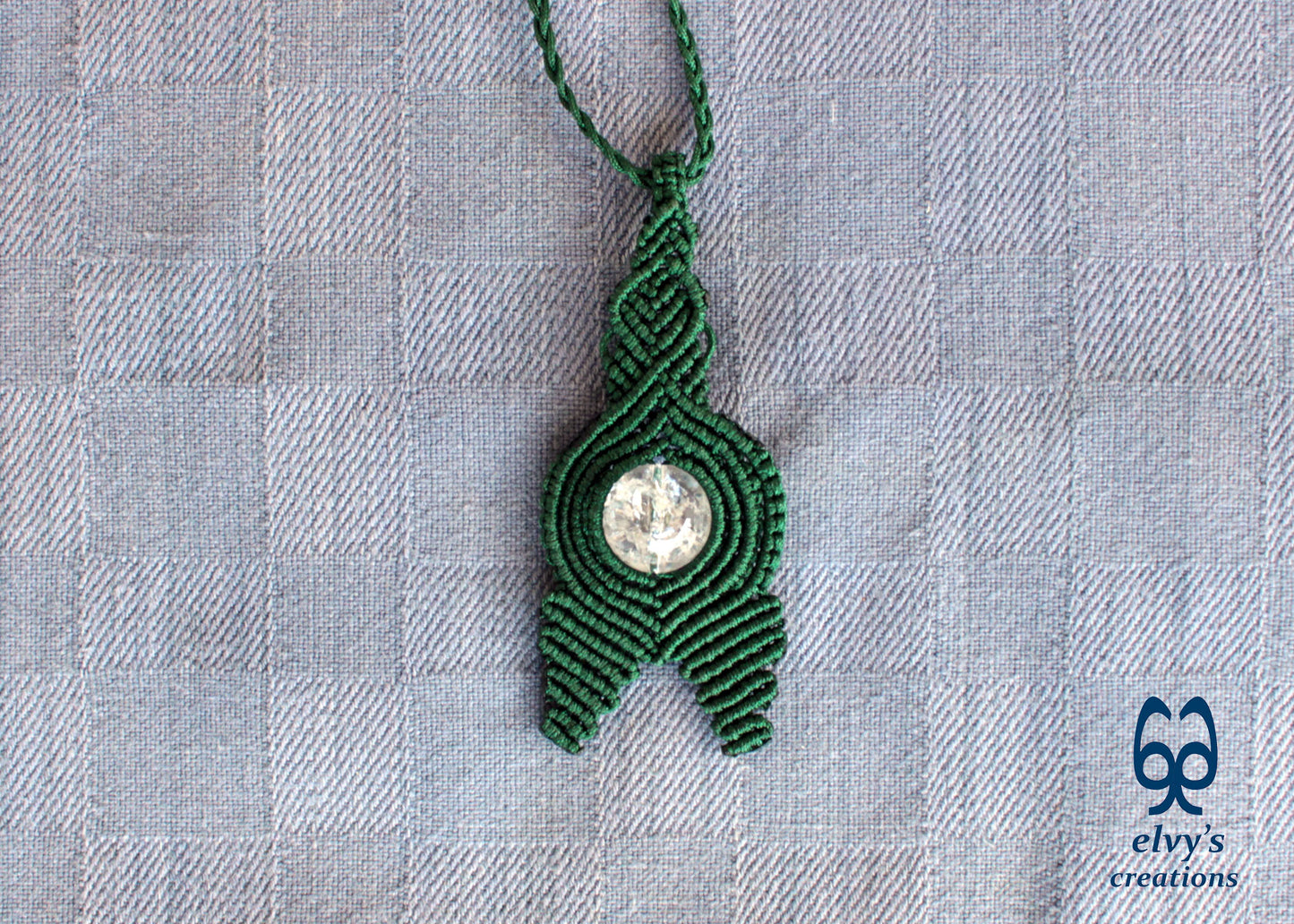 Handmade Green Macrame Necklace with Crystal Quartz Gemstones Crystal Necklace Pendant