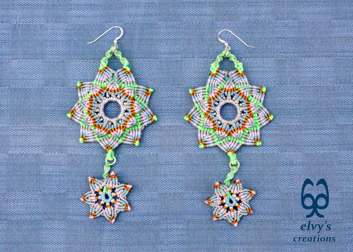 Mandala Flower Macrame Earrings, Silver Beaded Gemstone Earrings, Gift for Women
