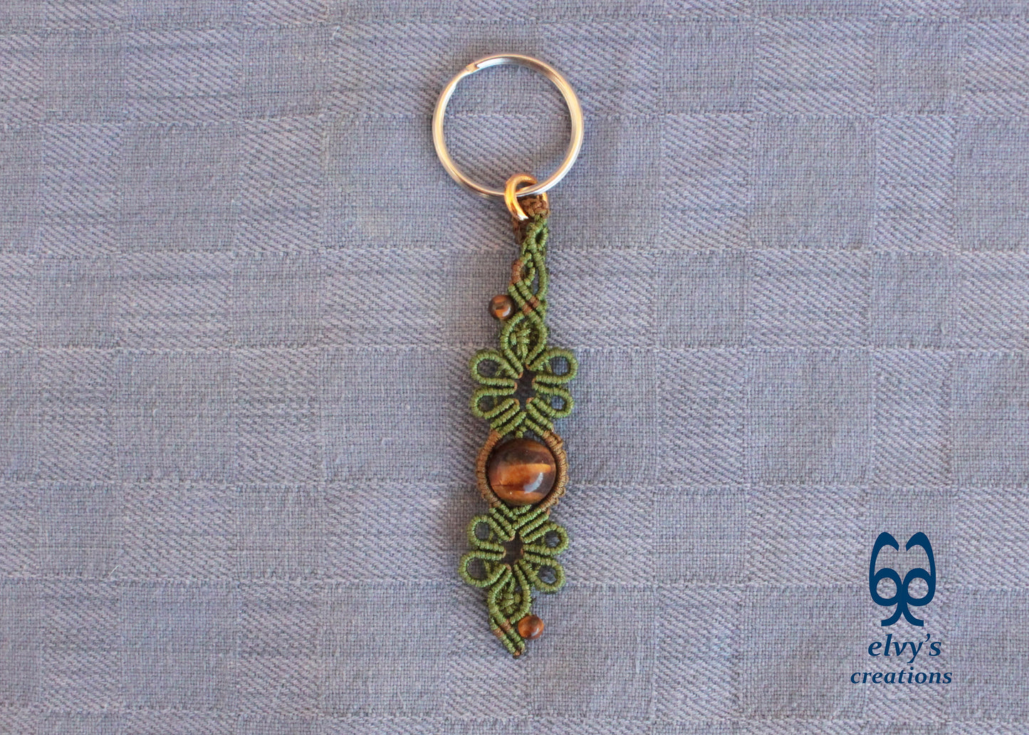 Green and Gold Macramé Key Chain with Tiger Eye Gemstone