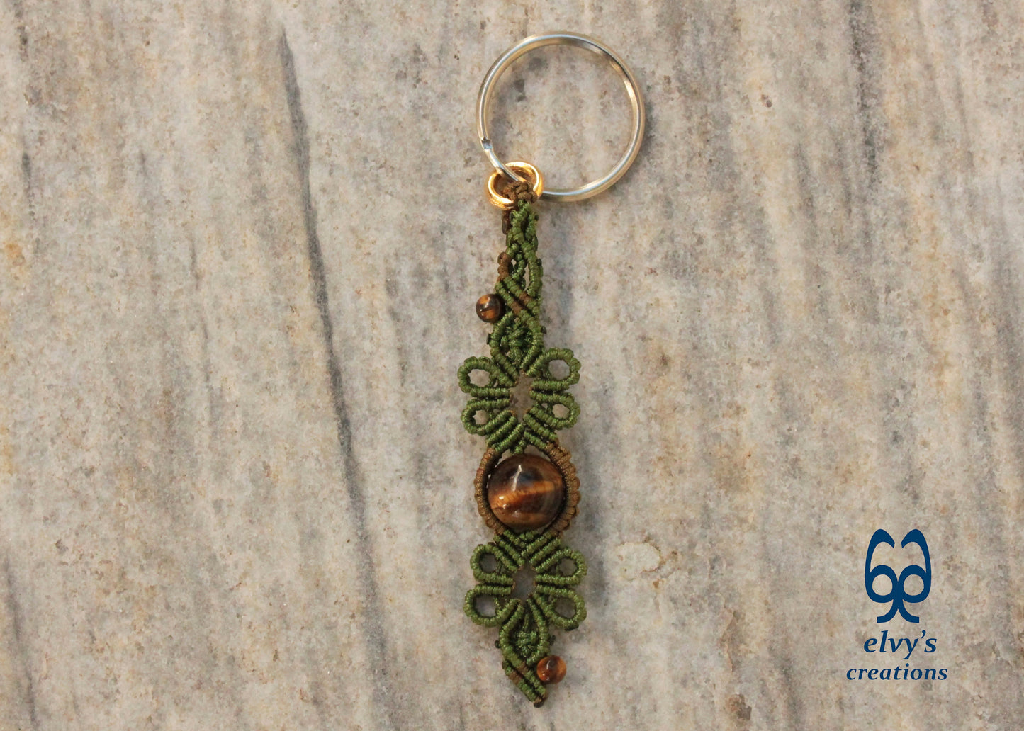 Green and Gold Macramé Key Chain with Tiger Eye Gemstone