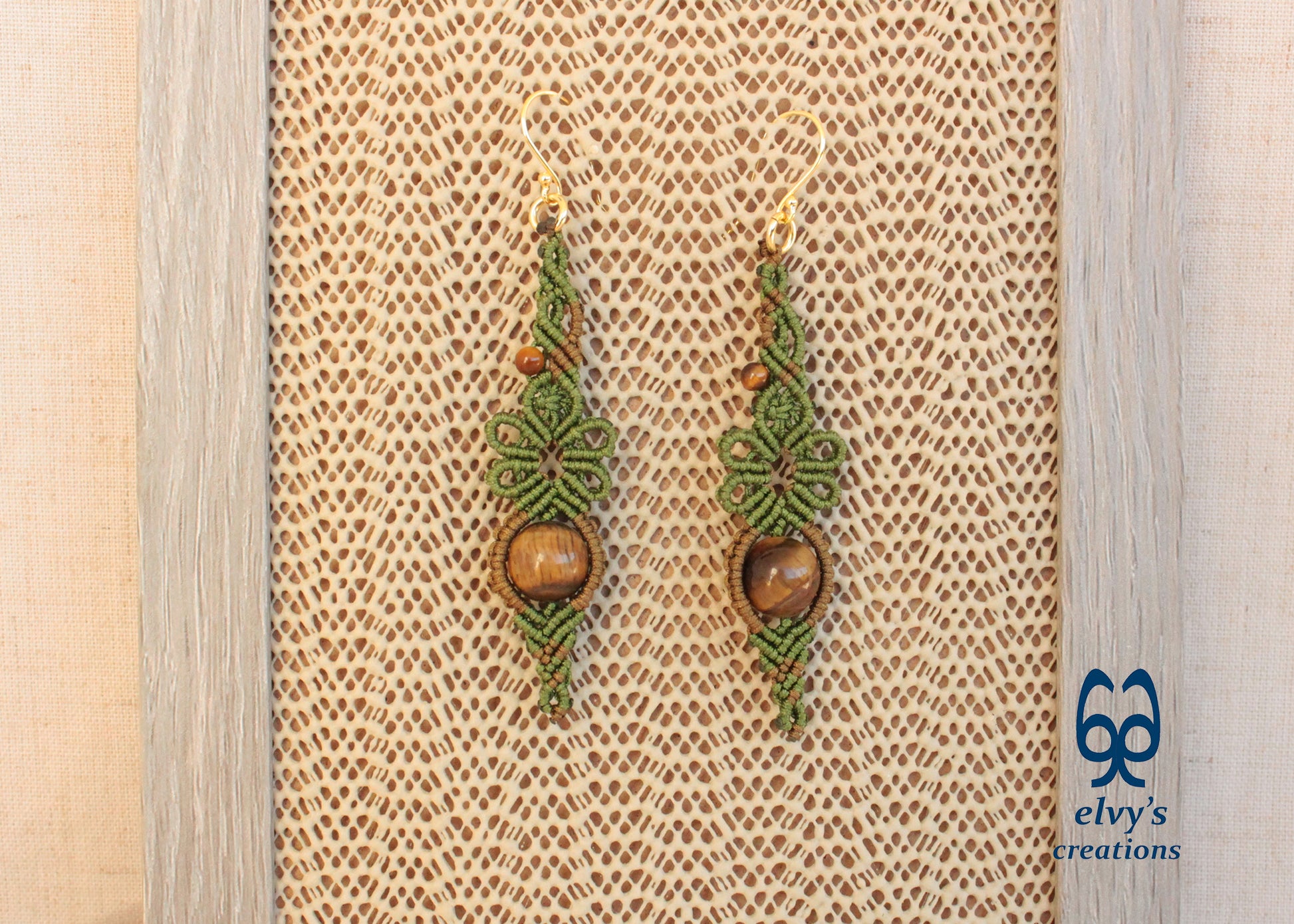 Green Macrame Earrings Gold Tiger Eye Gemstones Flower Dangle Lace Earrings Gift For Women