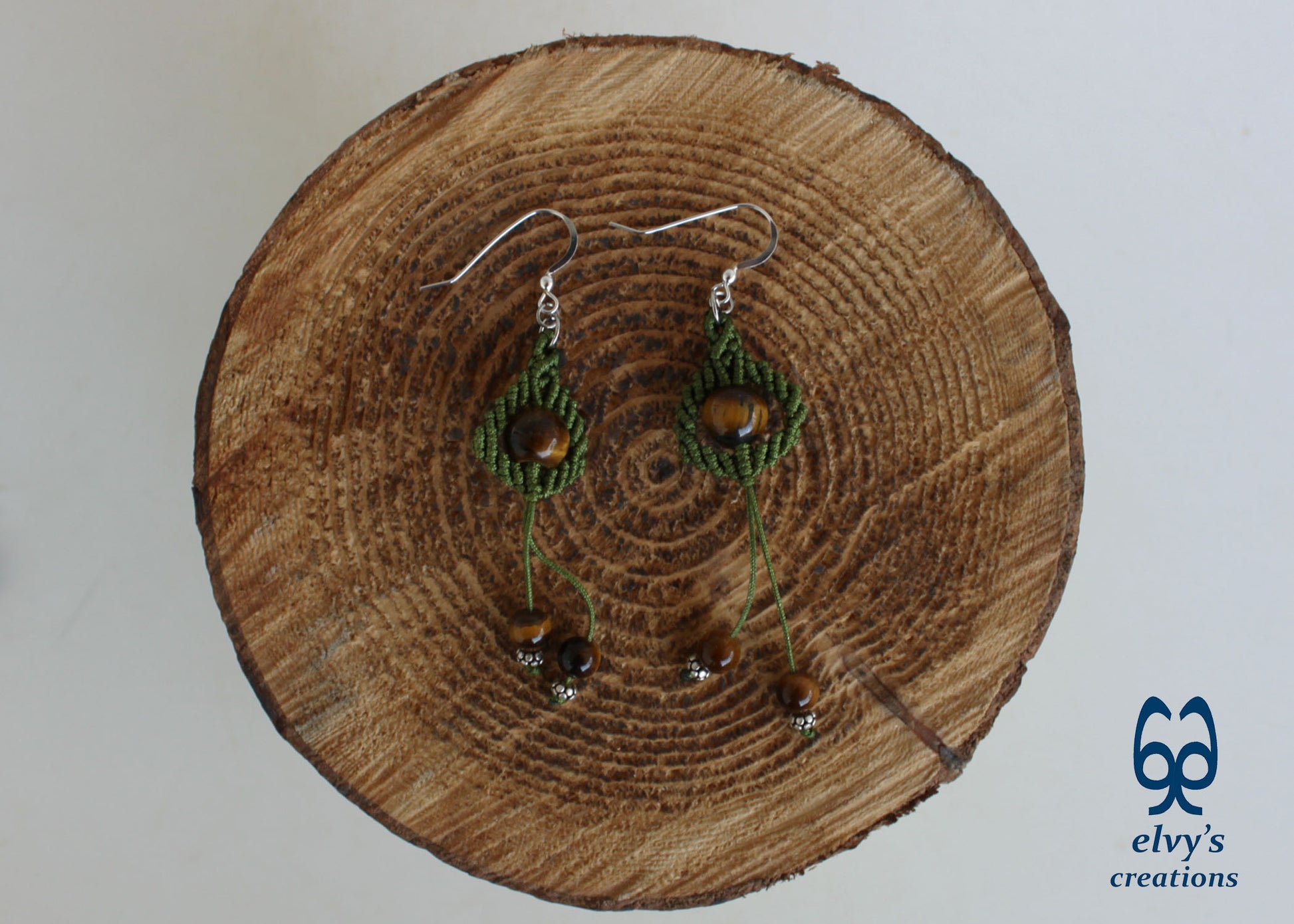 Handmade Green Macrame Earrings with Long Dangle Tiger Eye Gemstones