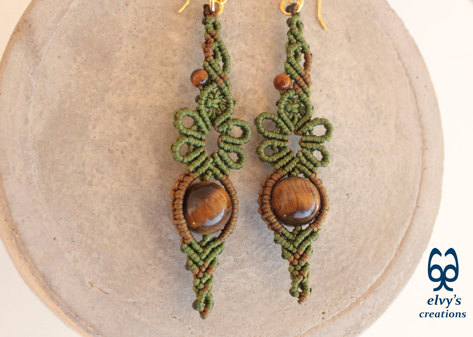 Green Macrame Earrings Gold Tiger Eye Gemstones Flower Dangle Lace Earrings Gift For Women